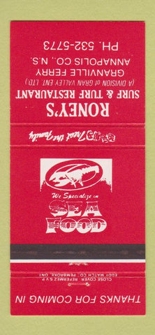 Matchbook Cover - Roney's Surf and Turf Restaurant Granville Ferry NS 30 Strike