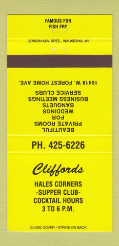 Matchbook Cover - Cliffords Restaurant Hales Corners WI YELLOW 30 Strike