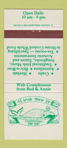 Matchbook Cover - Irish Stew Australia Indian Sri Lankan 30 Strike