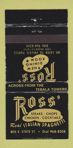 Matchbook Cover - Ross Italian Restaurant Rockford IL WEAR 30 Strike