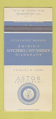 Matchbook Cover - Astor Restaurant Washington DC Greek 30 Strike