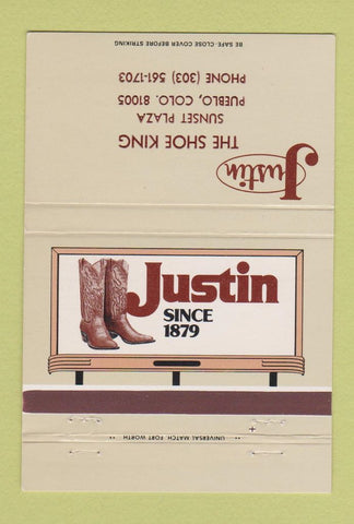 Matchbook Cover - Justin Boots Shoe King Pueblo Colorado 40 Strike