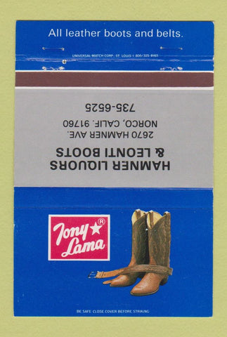Matchbook Cover - Tony Lama Cowboy Boots Norco CA Hamner Liquors 40 Strike