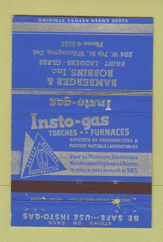 Matchbook Cover - Instogas Torches Furnaces Wilmington DE 40 Strike