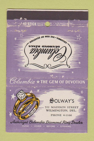 Matchbook Cover - Columbia Diamond Rings Solway's Wilmington DE WEAR 40 Strike