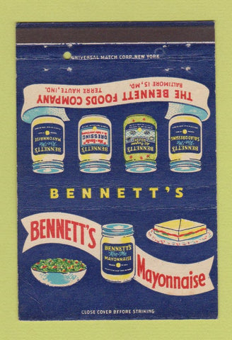 Matchbook Cover Bennett's Mayonnaise Foods Terre Haute Baltimore WEAR 40 Strike