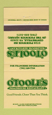 Matchbook Cover - O'Toole's Roadhouse Centreville VA 30 Strike