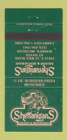 Matchbook Cover - Shenanigans Restaurant Saloon Warren MI 30 Strike