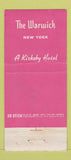 Matchbook Cover - Warwick Hotel New York City 30 Stick