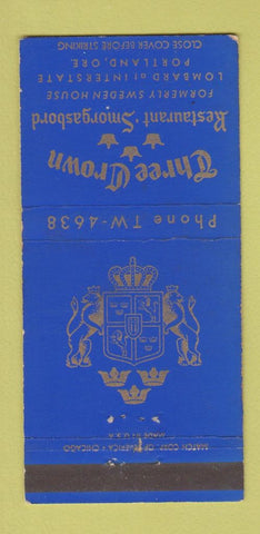 Matchbook Cover - Three Crowns Smorgasbord Portland OR 30 Strike