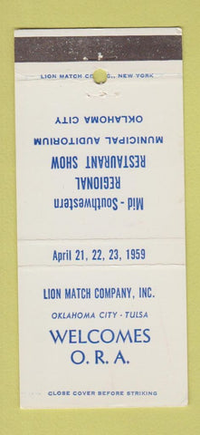 Matchbook Cover - Lion Match Oklahoma City OK 1959 Restaurant Show 30 Strike