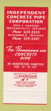 Matchbook Cover - Independent Concrete Pipe Indianapolis IN 30 Strike