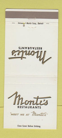 Matchbook Cover - Monte's Restaurants Detroit MI Indianapolis IN 30 Strike