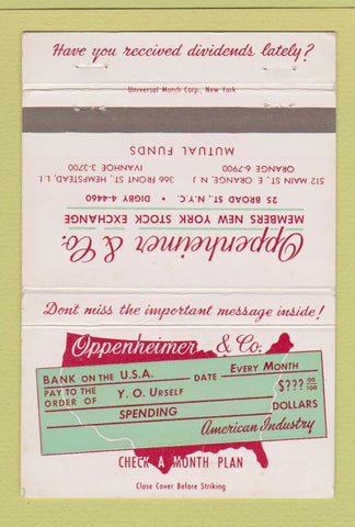 Matchbook Cover - Oppenheimer Investments East Orange NJ Hempstead LI 40 Strike