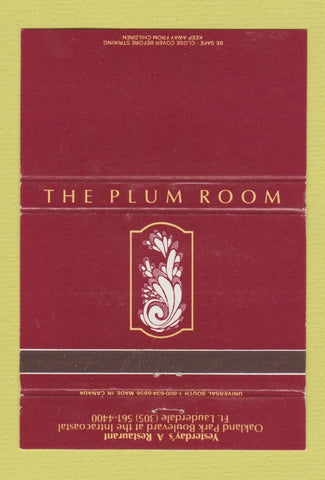 Matchbook Cover - Plum Room Fort Lauderdale FL 40 Strike