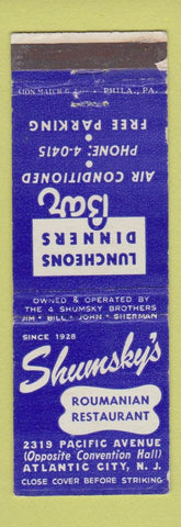 Matchbook Cover - Shumsky's Roumanian Restaurant Atlantic City NJ WEAR