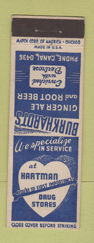 Matchbook Cover - Hartman Drug Stores Burkhardt's Ginger Ale Root Beer