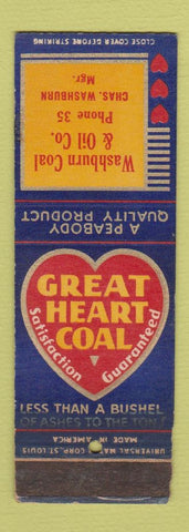 Matchbook Cover - Great Heart Coal Washburn Oil low phone # WORN SAMPLE MISCUT