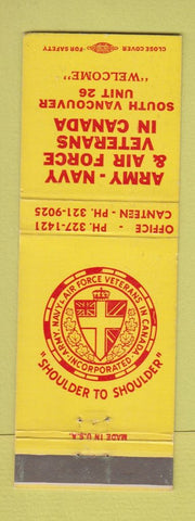 Matchbook Cover - Army Navy Air Force Veterans Canada Vancouver BC