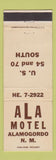 Matchbook Cover - Ala Motel Alamogordo NM
