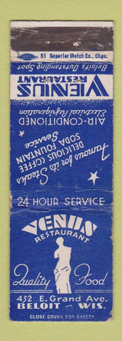 Matchbook Cover - Venus Restaurant Beloit WI WORN