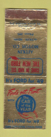 Matchbook Cover - Aitkin Motors MN 1949 Ford low phone # WEAR