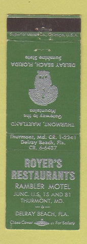 Matchbook Cover - Royer's Restaurant Rambler Motel Delray Beach FL Thurmont MD