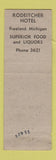 Matchbook Cover - Rodeitcher Hotel  Freeland MI