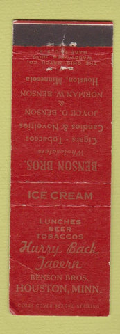 Matchbook Cover - Hurry Back Tavern Houston MN Benson Bros WEAR