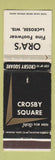 Matchbook Cover - Crosby Square Men's Shoes Ora's LaCrosse WI WEAR