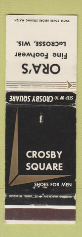 Matchbook Cover - Crosby Square Men's Shoes Ora's LaCrosse WI WEAR
