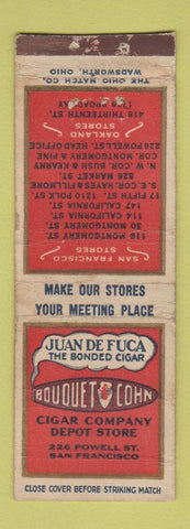 Matchbook Cover - Juan De Fuca Cigars San Francisco CA BOBTAIL WORN