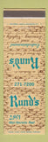 Matchbook Cover - Rund's Restaurant Rochester NY