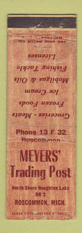 Matchbook Cover - Meyers' Trading Post Roscommon MI Mobil oil gas WORN