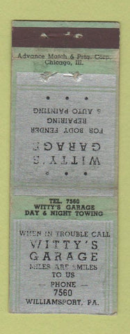 Matchbook Cover - Witty's Garage Williamsport PA ADVANCE WEAR