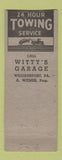 Matchbook Cover - Witty's Garage Williamsport PA ADVANCE WEAR