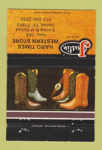 Matchbook Cover - Justin Cowboy Boots Hard Times Goliad TX 40 Strike