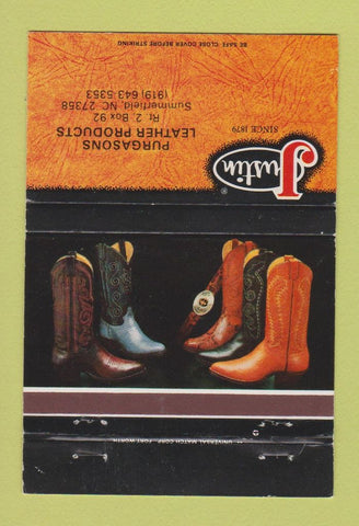 Matchbook Cover - Justin Cowboy Boots Purgasons Summerfield NC 40 Strike
