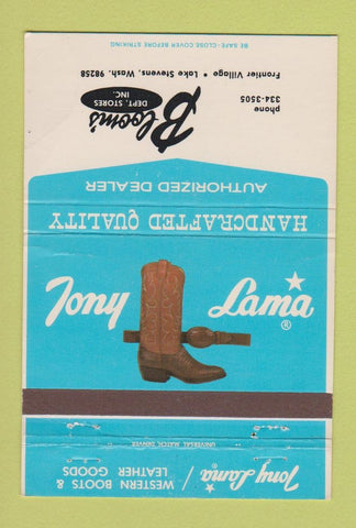 Matchbook Cover - Tony Lama Cowboy Boots Bloom's Lake Stevens WA 40 Strike
