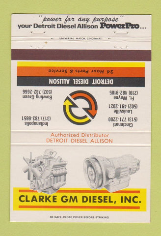 Matchbook Cover - Clarke GM Diesel Cincinnati OH Fort Wayne Louisville 40 Strike