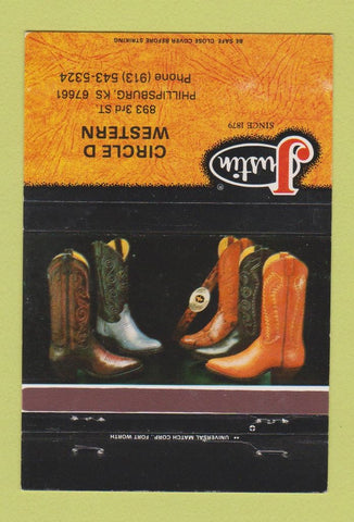 Matchbook Cover - Justin Cowboy Boots Circle D Phillipsburg KS 40 Strike