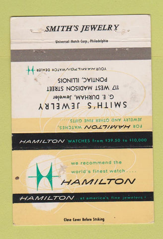 Matchbook Cover - Hamilton Watches Smith's Pontiac IL WEAR 40 Strike
