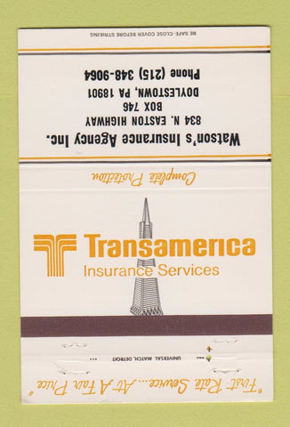 Matchbook Cover - Transamerica Insurance Watson's Doylestown PA 40 Strike