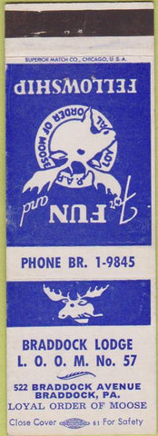 Matchbook Cover - Matchbook Cover Moose Lodge Braddock PA