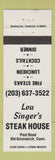 Matchbook Cover - Lou Singer's Steak House Old Greenwich CT