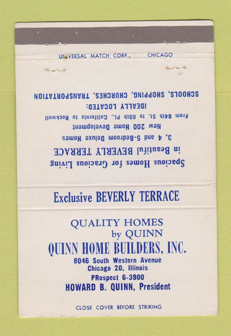 Matchbook Cover - Quinn Home Builders Chicago IL 40 Strike