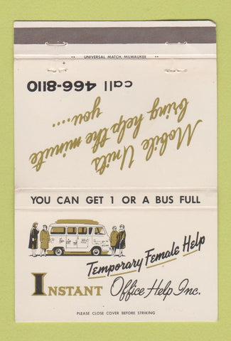 Matchbook Cover - Temp Work Instant Office Help Milwaukee WI 40 Strike
