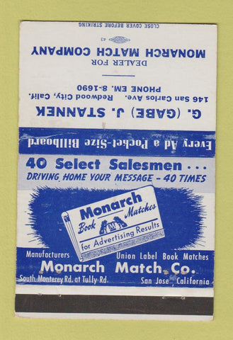 Matchbook Cover - Monarch Match Gabe Stannek Redwood City CA 40 Strike