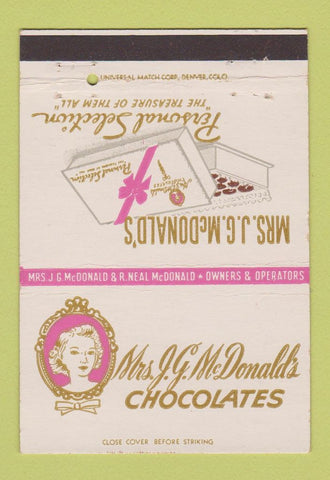 Matchbook Cover - Mrs JG McDonald's Chocolates Salt Lake City UT 40 Strike