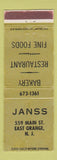 Matchbook Cover - Janss Bakery Restaurant East Orange NJ DD Bean WEAR